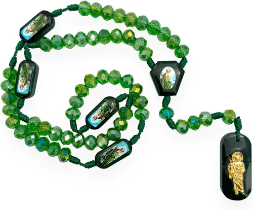 Vista 2 de San Judas - Collar de rosario con cuentas de cristal verde, regalo religioso católico San Judas Tadeo Rosario Cristal, Cristal, No es una piedra