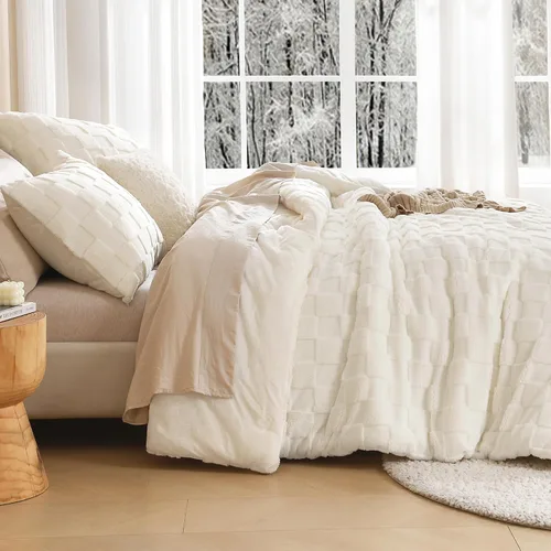 Vista 5 de Litanika - Juego de edredón esponjoso tamaño individual color beige, 3 piezas, ropa de cama de sherpa de felpa cálida para invierno, juego de cama