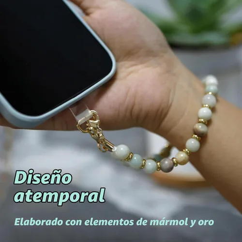 Vista 6 de Correa de muñeca con cuentas de mármol para mujer, diseño desmontable 304 Steel Core, detachable phone wristlet with tether tab, keeps your phone