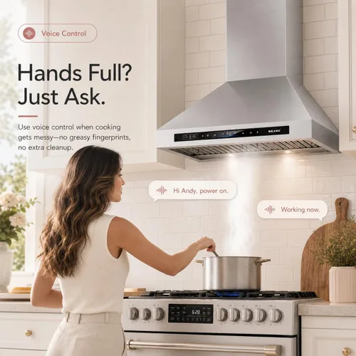 Vista 3 de Brano Range Hood 30 Inch Wall Mount, 900 CFM Ducted/Ductless Convertible, 4-Speed Stainless Steel Vent Hood, Voice Gesture Touch Control Panel