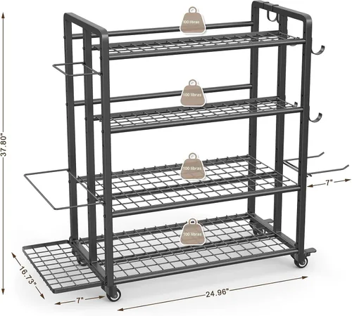 Vista 6 de 4-Tier Weight Rack for Home Gym with Wheels and Hooks