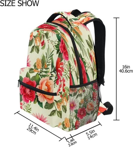 Vista 8 de Mochila escolar floral vintage, bolsa atlética para laptop para estudiantes, mochila con bolsillos laterales para viajes, senderismo, campamento