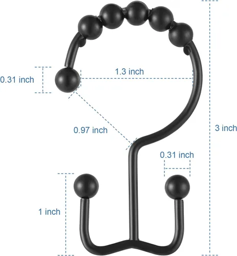 Vista 6 de TOPROD, ganchos para cortina de ducha con anillos negros mate, doble cara, acero inoxidable, juego de 12