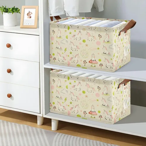 Vista 7 de Cesta de almacenamiento resistente con diseño de uncorns, color rosa y verde, organizador decorativo grande con asas, organizador de ropa
