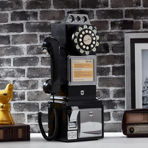 Vista 2 de Ryan Bros. Teléfono de pago retro americano de los 1950 con banco de monedas, teléfono fijo de pared con cable (negro)
