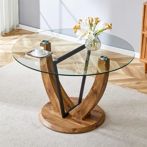 Vista 13 de Juego de mesa redonda de cristal de 5 piezas para 4, mesa de comedor moderna de 48 pulgadas con base de grano de madera, sillas tapizadas de gamuza