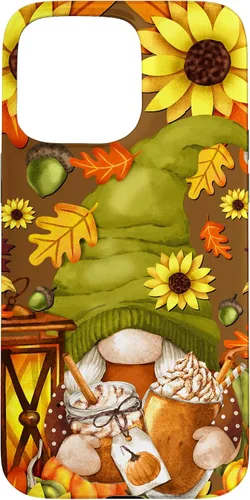 Vista 30 de iPhone 13 Pro Max Lindo gnomo de especias de calabaza con árbol de otoño hojas de otoño