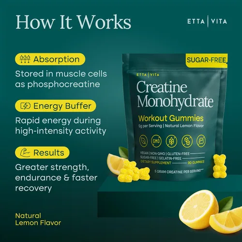 Vista 7 de Gomitas de monohidrato de creatina sin azúcar, 5 gramos por porción, potentes gomitas de creatina para hombres y mujeres, suplemento para apoyo
