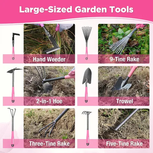 Vista 6 de WORKPRO Juego de herramientas de jardín rosa de 6 piezas, herramientas manuales de jardinería resistentes con mango de goma suave, incluyendo