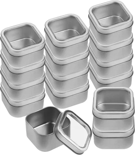 Vista 9 de Latas cuadradas de metal con tapas de ventana, paquete de 15 latas de plata cuadradas vacías para hacer velas, dulces, regalos y tesoros (4 onzas)