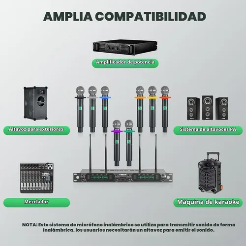 Vista 6 de Phenyx Pro Sistema de micrófono inalámbrico, micrófono inalámbrico UHF de 8 canales con micrófonos inalámbricos de mano de metal, micrófono dinámico
