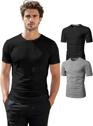 Vista 27 de H2H Camisetas para hombre - Pack de varias unidades, diseño simple, manga corta, ajuste delgado, mezcla de algodón (cuello en V/cuello redondo)