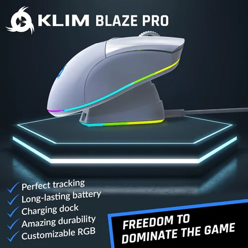 Vista 2 de KLIM Blaze Pro - Mouse inalámbrico recargable para juegos con base de carga RGB - Nuevo 2023 - Sensor de alta precisión y batería de larga duración