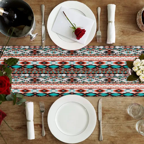 Vista 4 de Table Runner Ethnic Tribal Geometric Pattern, Rustic Linen Table Cloth for Farmhouse Kitchen, Dinner, Events, Party, Holiday Table Decor 13 x 60