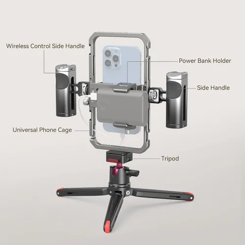 Vista 3 de SmallRig Kit universal todo en uno de aparejo de video para teléfono, con asas de control inalámbrico, soporte para banco de energía, trípode