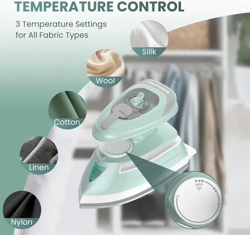 Vista 3 de PIOMATIC Mini plancha de vapor de viaje para ropa con doble voltaje, control de temperatura, suela antiadherente y almacenamiento de cables, ideal
