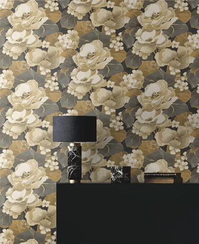 Vista 5 de NextWall Nouveau - Papel tapiz floral para despegar y pegar (ébano y oro antiguo)