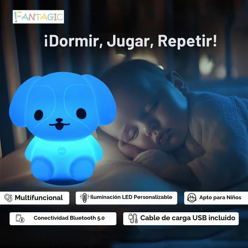 Vista 4 de Altavoz Bluetooth combinado y luz nocturna con 9 emisiones de color, silicona apta para niños y libre de BPA, recarga USB, recibe audio