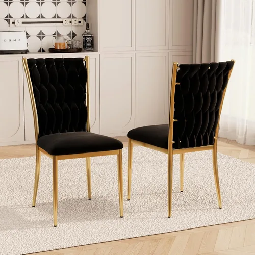 Vista 2 de Juego de 2 sillas de comedor de terciopelo, modernas sillas de cocina tejidas con patas de metal dorado, cojín tapizado con respaldo alto