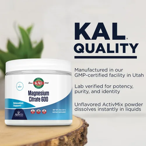 Vista 5 de KAL Citrato de magnesio 600 mg ActivMix polvo instantáneo, suplemento de magnesio para una función muscular saludable, relajación, apoyo nervioso