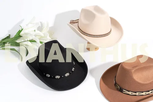 Vista 6 de Lisianthus Sombreros de fieltro de ala ancha para hombre y mujer, estilo vaquero occidental, con cinturón