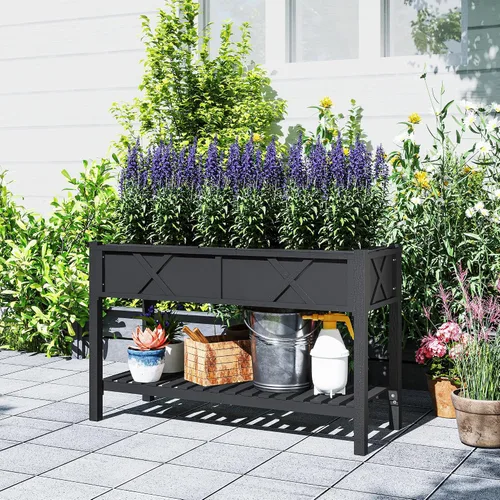 Vista 9 de Outsunny - Jardinera elevada de madera con estante de almacenamiento, orificios de drenaje y forro para el patio trasero, la terraza, el balcón, 47