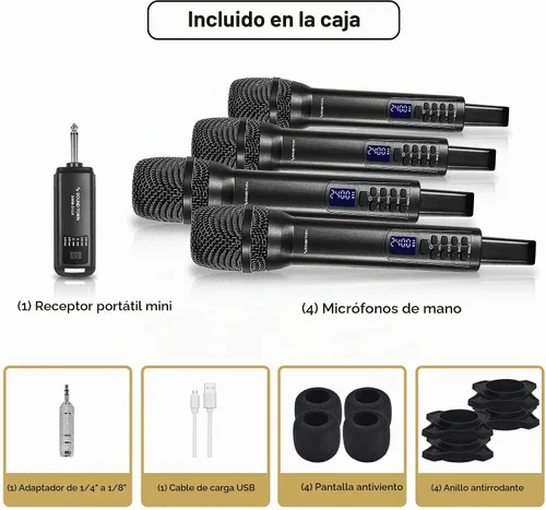 Vista 5 de Sound Town Sistema de micrófono inalámbrico recargable de 2.4 GHz con 4 micrófonos de mano, mini receptor portátil de 1/4 pulgadas, ecualizador