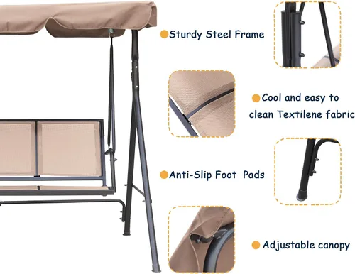 Vista 3 de Clihome Juego de columpios de lujo para porche al aire libre, columpios para 3 personas para columpios exteriores al aire libre para adultos, toldo