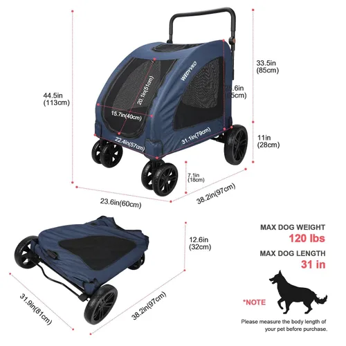 Vista 6 de Cochecito de viaje grande para perros con 4 ruedas resistentes, con mango ajustable, doble capacidad para perros con puerta delantera trasera