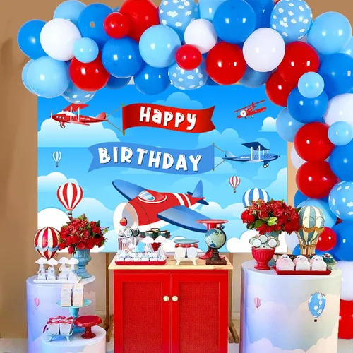 Vista 3 de Sursurprise Decoraciones de fiesta de cumpleaños con temática de avión, kit de arco de guirnalda de globos para suministros de fiesta de cumpleaños