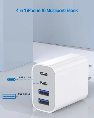 Vista 7 de Bloque de carga rápida de 40 W Apple 17 16, paquete de 2 bloques de cargador USB C rápido de 4 puertos, adaptador de corriente PD y adaptador QC