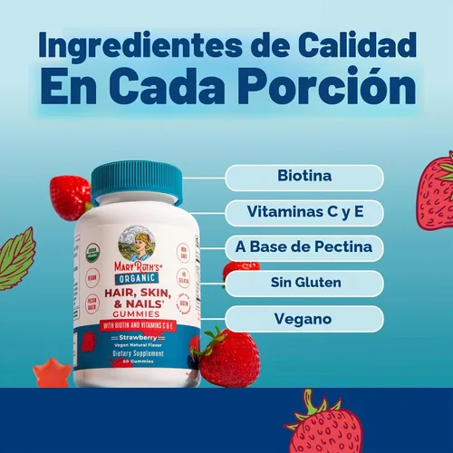 Vista 5 de MaryRuth's Vitaminas para el cabello, la piel y las uñas USDA Organic Gomitas de biotina de 2500 mcg con vitamina C y vitamina E Vitaminas