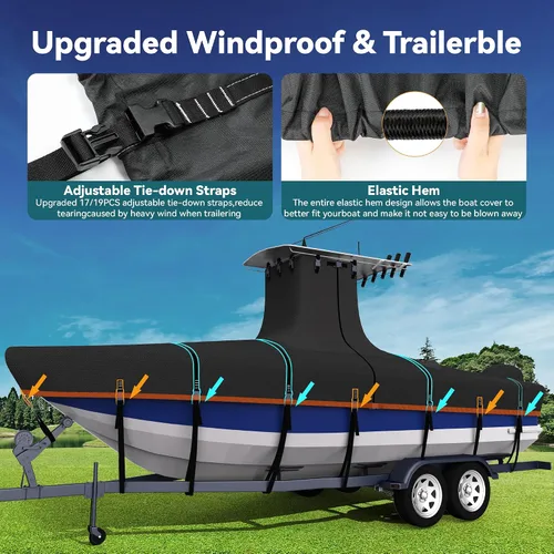 Vista 4 de Cubierta para Barco Resistente True 1200D T-Top de 17ft - 19ft con Cubierta para Motor, Solución 100% Impermeable Teñido en Solución Consola Central