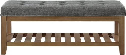 Vista 4 de 24KF Banco Otomano Grande Rectangular Tapizado con Capitoné de Tela de Lino, Banco Acolchado con Estante de Madera Maciza - Granito