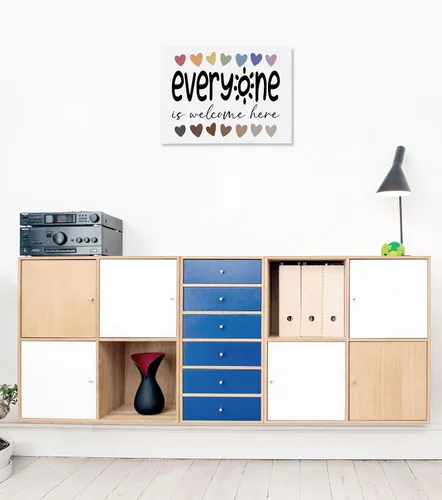 Vista 3 de Lienzo inspirador de diversidad con texto en inglés «Everyone is Welcome Here», impresiones artísticas para decoración de aula, guardería, sala