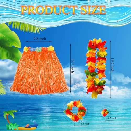 Vista 3 de 6 juegos de faldas hawaianas de hierba Leis para fiesta Luau, falda hula con diademas, pulseras tropicales decoraciones de fiesta, multicolor