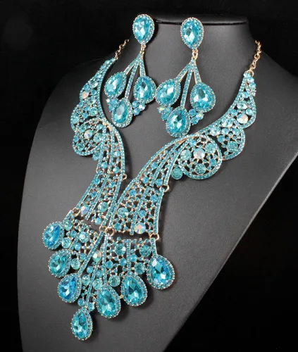 Vista 5 de Janefashions Peacock Feather Teal Austrian Rhinestone Crystal Statement Collar Pendientes Set Gargantilla Show Beauty Queen N820t, Cristal