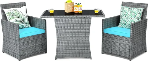 Vista 10 de Tangkula Juego de comedor de mimbre de 3 piezas, 2 sillas de ratán con mesa de comedor rectangular de vidrio templado, juego de conversación al aire