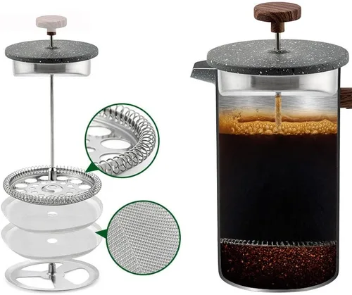 Vista 5 de Cafetera de prensa francesa de acero inoxidable, doble pared aislada, cafetera y tetera, mantiene el café o té preparado caliente, 33.8 fl oz, gris