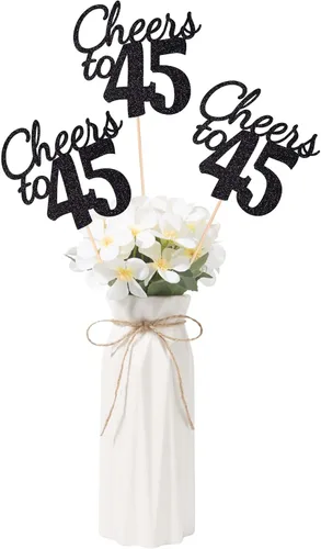 Vista 47 de Gexolenu Cheers to 21, paquete de 10 centros de mesa con purpurina dorada de doble cara para cumpleaños número 21 para mesas, palitos decorativos