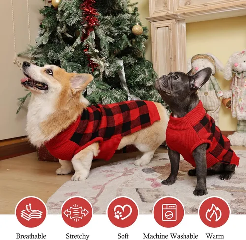 Vista 4 de QBLEEV Suéter navideño clásico a cuadros para perro, suéter elástico cálido con agujero para correa, suéteres de Navidad de cuello alto