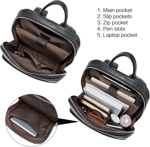 Vista 5 de BOSTANTEN Mochila de cuero para hombre 15.6 pulgadas Mochila para portátil de viaje Bolsa universitaria Negro