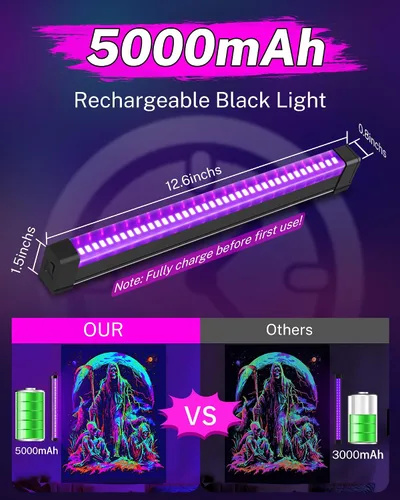 Vista 3 de Barra de luz negra recargable, 5000 mAh de gran capacidad, luces negras alimentadas por batería para fiesta brillante, suministros de fiesta de luz
