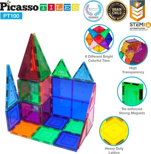 Vista 8 de PicassoTiles Figuras magnéticas + 100 azulejos magnéticos + 2 camiones de automóvil, juego de expansión de imán de acción de personajes de 8 piezas