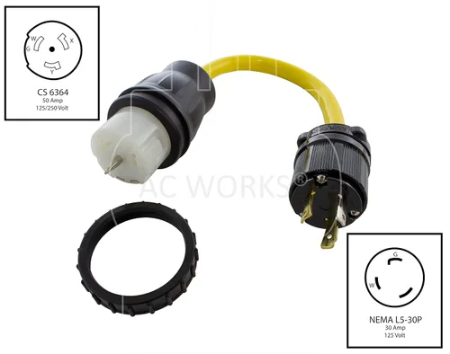 Vista 2 de AC WORKS Generador a interruptor de transferencia Adaptador de caja de entrada de 50 amperios (L5-30 30Amp 3 clavijas a CS6364 flexible) Amarillo