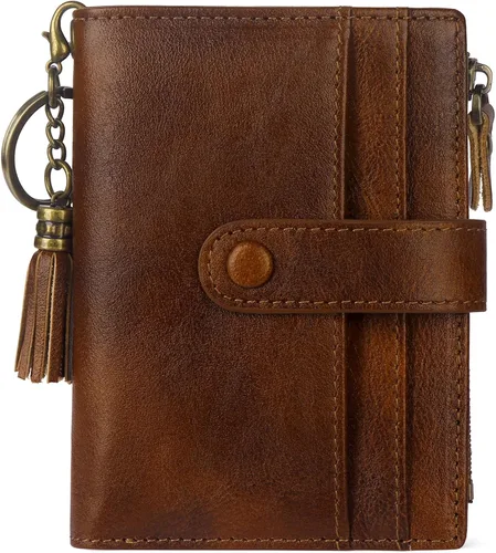 Vista 14 de Billetera de cuero para mujeres, billetera pequeña con bloqueo RFID para mujeres, billetera compacta de dos pliegues con tarjetero, ventana