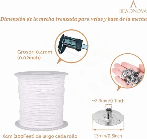 Vista 2 de BEADNOVA Carrete trenzado de mecha de vela con juego de base, rollo de cuerda de vela de algodón de 200 pies y 300 clips de mecha, pestañas