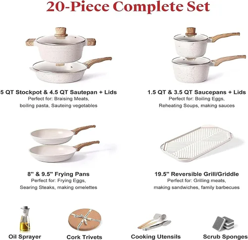 Vista 3 de Juego de 20 ollas y sartenes, juegos de utensilios de cocina antiadherentes, sartenes de granito para cocinar mármol piedra esencial de cocina, apto