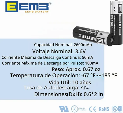 Vista 2 de EEMB ER14505 3.6V AA batería de litio 2700mAh Li-SOCL₂ no recargable