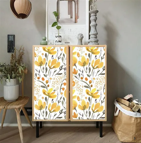 Vista 4 de Blooming Wall Papel tapiz autoadhesivo autoadhesivo con diseño de acuarela transparente transparente amarillo fresco floral Kapok